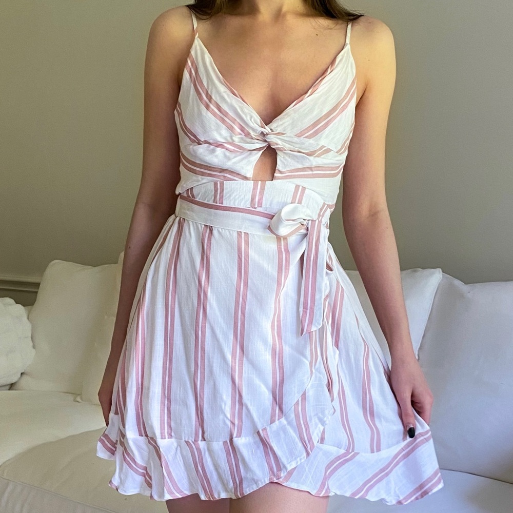 Olive Scent Pink and White Striped Flowy Sundress
